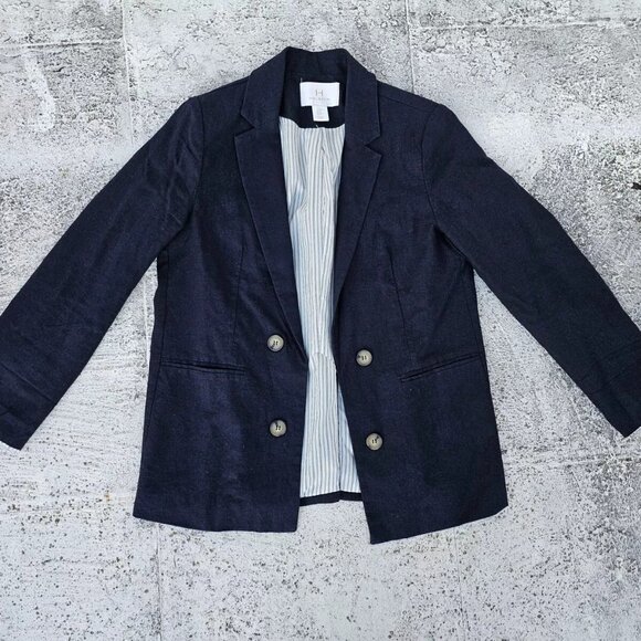 H by Halston Women Blazer Blue Navy Linen Blend Open Front jacket Size M - Picture 2 of 9
